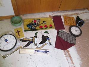 Lot of clocks, card table covers, e...
