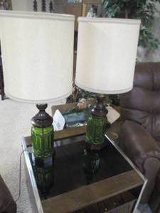 2 Green glass lamps...