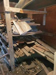 lot 215 image: Large Lot of Wood on Rack - 3 Shelves - Take What You Want - NO SHIPPING