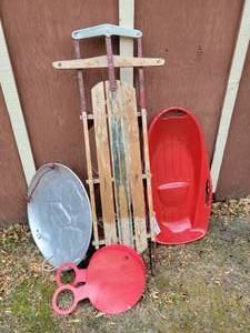 lot 237 image: Vintage Steel Runner Sled, Saucer Sled and Plastic Sled - NO SHIPPING