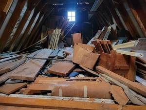 lot 242 image: Contents of Barn Loft - Lumber, Trim, Gutter, Galvanized Tubing and More - Take What You Want - NO SHIPPING
