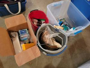 lot 169 image: Large Lot of Clothes Pins, Sponges, Drain Snake, Cleaning Buckets and More - NO SHIPPING