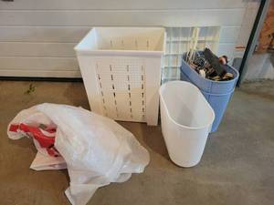 lot 258 image: (12) Pants Clothes Hangers, Hamper, Waste Baskets and More - NO SHIPPING