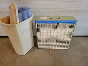 lot 260 image: Vintage Coronado Box Fan, (3) Office Chair Rolling Pads and Trash Can - NO SHIPPING