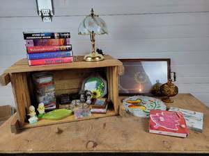 lot 276 image: Vintage Crate (24 x 16 x 12) and Assorted Home Dcor - NO SHIPPING