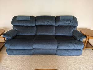 lot 126 image: LA-Z-BOY Reclining Blue Couch - Pet Free, Smoke Free Home - NO SHIPPING