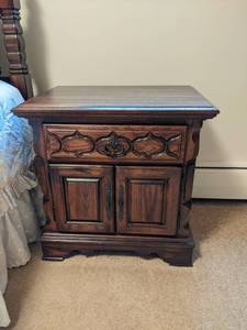 lot 132 image: Sumter Cabinet Company Master Bedroom Set - Queen Sized Bed, Longboy Dresser with Mirror, Tallboy Dresser, and Nightstand - NO SHIPPING