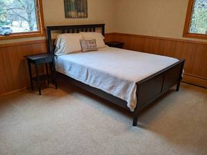 lot 133 image: Espresso-Colored Bedroom Set - Queen Sized Bed, Tall Lighted Cabinet, Bench Seat, and (2) Night Stands - NO SHIPPING