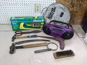 lot 142 image: Soundesign Radio, Jumper Cables, Sprinkler, and Misc. Tools
