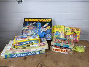 lot 149 image: Lot of Vintage Childrens Games, including Domino Rally, Memory, Candy Land, Chutes and Ladders, Trouble, and MORE NO SHIPPING