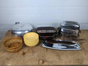 lot 153 image: Lot of Vintage Kitchen Appliances and Supplies - Aluminum Cake Cover, Toastmaster Toaster, Donut Baker, Tupperware Bowls, Serving Platter, and MORE