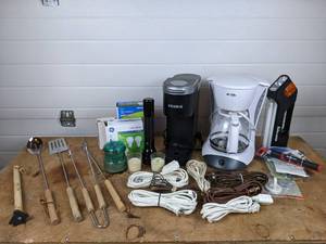 lot 154 image: Lot of Kitchen Misc. - Coffee Makers, BBQ Grill Tools, Oodles of Extension Cords, and MORE NO SHIPPING