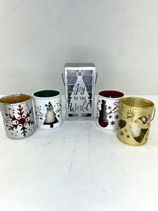 lot 434 image: 5 Luminara Flameless Pillar Candles with Festive Metal Candle Holders