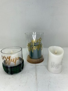 lot 474 image: 3 Green & White Flameless Pillar Candles with Holiday Sayings, Luminara