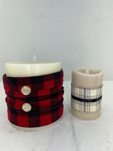 lot 478 image: 2 Flameless Pillar Candles with Flannel Decoration, Luminara