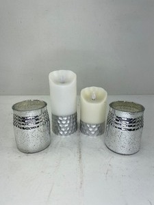 lot 479 image: 4 Flameless Pillar Candles with Silver Metal Decoration