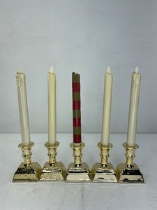 lot 466 image: 5 Luminara Flameless Candle Sticks with Gold Colored Metal Holders