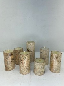 lot 465 image: 7 Luminara Flameless Birchwood Pillar Candles