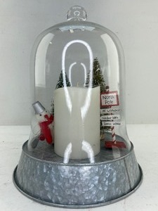 lot 476 image: White Flameless Pillar Candle with Glass Dome & Metal Base