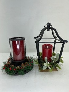 lot 471 image: 2 Luminara Red Flameless Pillar Candles with Black Metal Holders