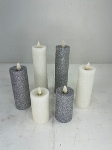 lot 487 image: 6 Luminara White & Silver Glitter Flameless Candles
