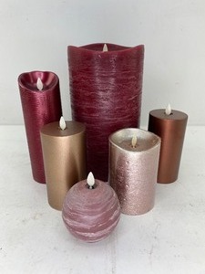 lot 493 image: 6 Luminara Dark Red, Rose Gold, & Gold Flameless Candles