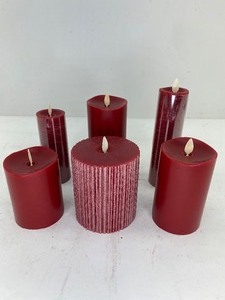 lot 494 image: 6 Dark Red Flameless Pillar Candles, Luminara