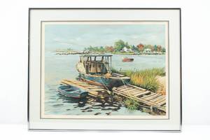 lot 78 image: Lichtenberg Lithograph of Docked Boat and Coast