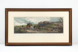 lot 105 image: Framed English Lithograph Autumn Stagecoach and Fox Hunt