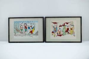 lot 126 image: Pair Chinese Hand-colored Mixed Media Artworks
