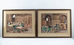 lot 131 image: Pair Original Watercolor Paintings of Courtroom Lawyers