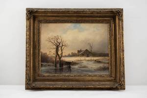 lot 152 image: Johann Gustav Lange Oil on Canvas Painting of Cottage in Winter