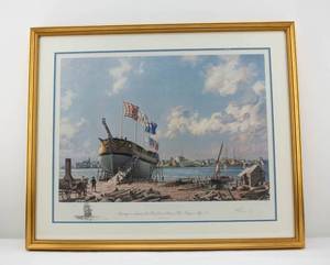 lot 20 image: John Stobart Portsmouth Preparing to Launch John Paul Jones Sloop of War Ranger, May 1777 Framed Print