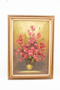 lot 37 image: Ann Julia Rant Original Oil Painting on Canvas Pink Roses in Vase