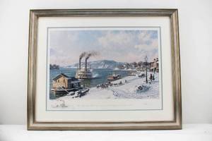 lot 44 image: John Stobart Marietta - The Mail Line Packet Courier Arriving at the Wharf Boat on the Ohio in 1875 Print