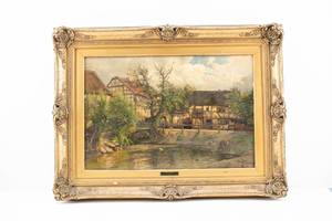 lot 3 image: Fritz Grebe Village Scene Original Antique Oil on Canvas Painting