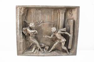 lot 31 image: Pair Antique Metal Relief Sculptural Panels of Sword Fight