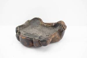 lot 29 image: Unusual Vintage Japanese Ikebana Wood Vessel with Metal Lining & Handle