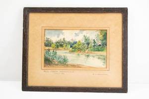lot 214 image: Antique W.H. MacLucas Fall Creek, Indianapolis Original Watercolor Painting