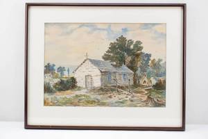 lot 278 image: Log Chapel & Native Americans Watercolor