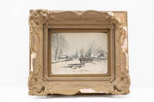 lot 352 image: Antique O. Jernberg Winter Farm Scene Original Oil on Board Painting