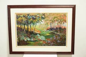 lot 358 image: Original Acrylic on Paper Painting of Forest and Flowers