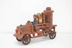 lot 349 image: Antique Fire Truck Pump Cast Iron Toy Car