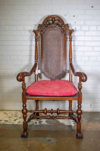 lot 46 image: Antique English-Style Carved Wood & Caned Arm Chair