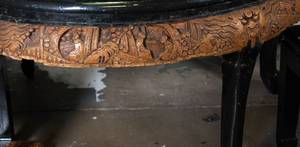 lot 339 image: Carved Vintage Chinese Table and Stools w Deep Relief Carving