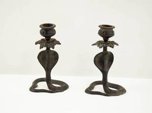 lot 313 image: Pair Antique Metal Cobra Snake Taper Candle Holders