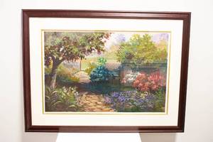 lot 327 image: Signed Original Acrylic on Paper Painting of Garden with Wall