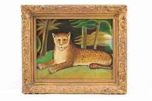 lot 387 image: Antique Original Oil on Board Painting of Leopard in Ornate Frame