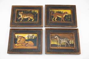 lot 388 image: 4 Small Vintage Original Oil on Board Paintings of Animals Signed Eden