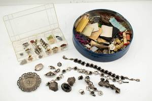 lot 403 image: Lot of Costume Jewelry, Some Small Sterling Items, Vintage Tin